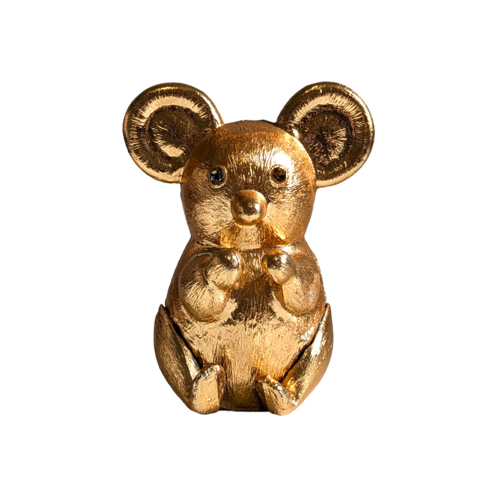 Vintage Mid-Century Gold Cast Iron Teddy Bear Piggy Bank‎ Rhinestone Eyes Shiny